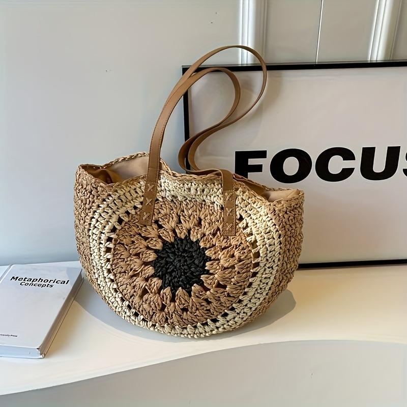 Hollow zipper straw bag seaside hand-woven bag women's new shoulder large-capacity vacation beach tote bag