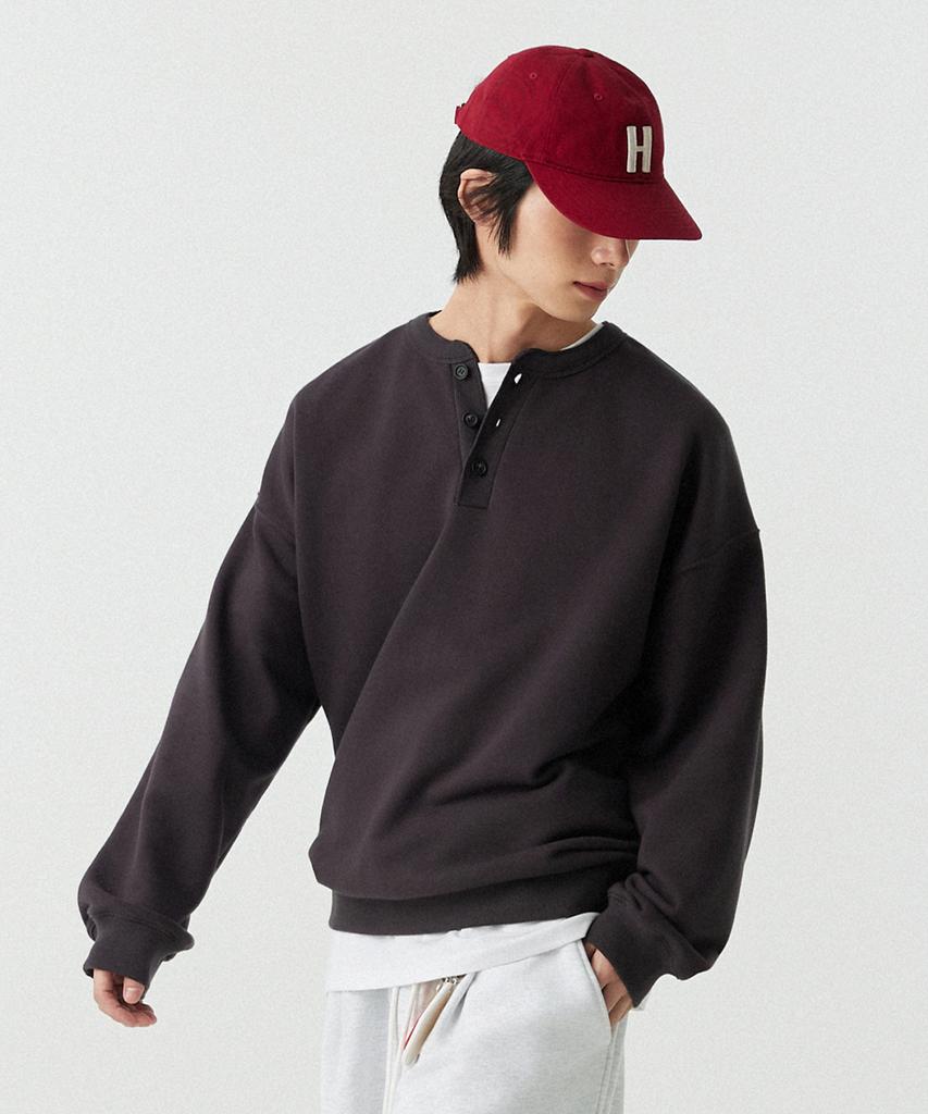 STENDS [M~4Xl] Henley Neck Semi-Oversized Sweatshirt_Charcoal