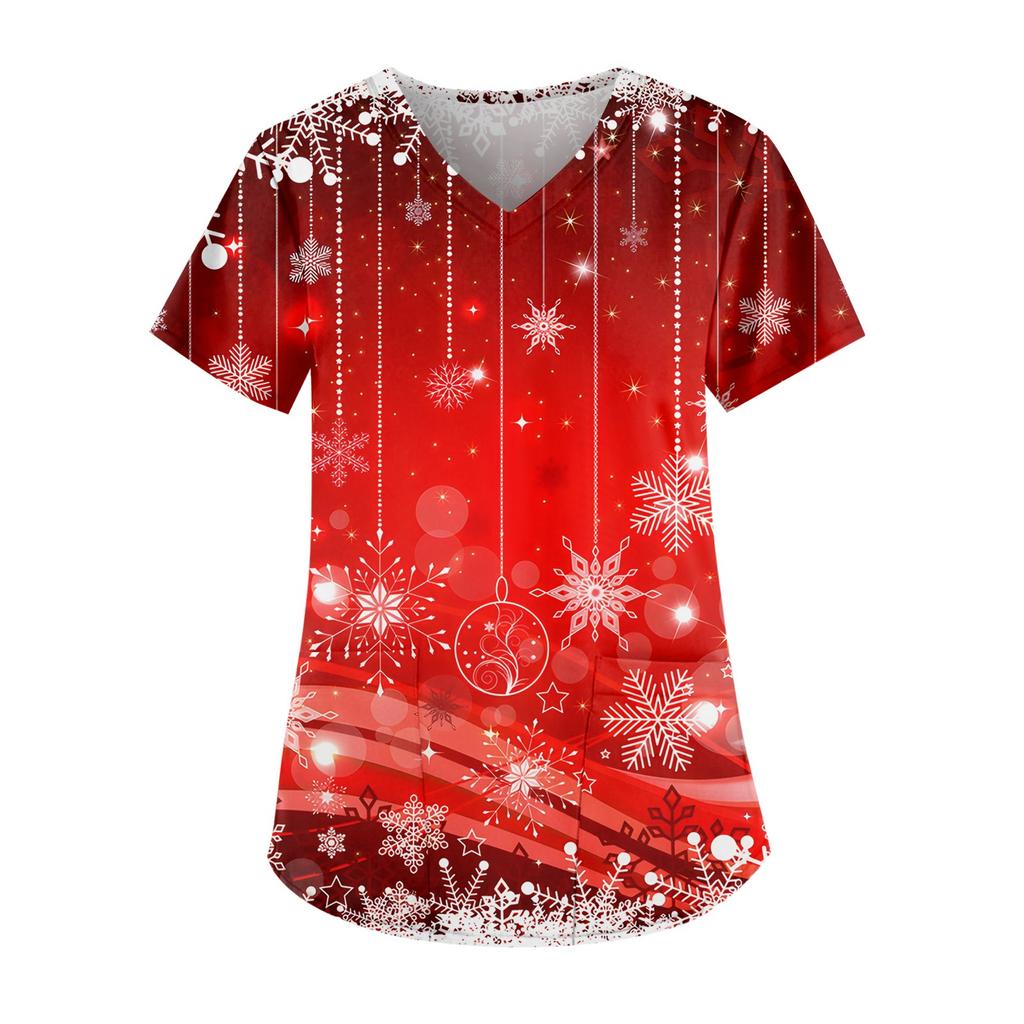 Women's Fashion V-Neck Short Sleeve Workwear With Pocket Christmas Printed Top