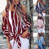 Women's Fashion Summer Casual Tunic Tops Off Shoulder Stripe Printed Flare Sleeve Loose T-shirt Plus Size Chiffon Blouse