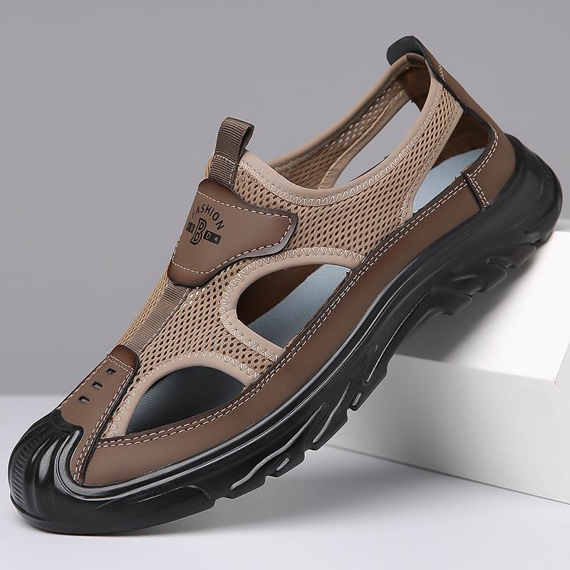 Sandals Men's Summer New Leather Mesh Breathable Hole Shoes Driving Outdoor Casual Wading Shoes Beach Shoes