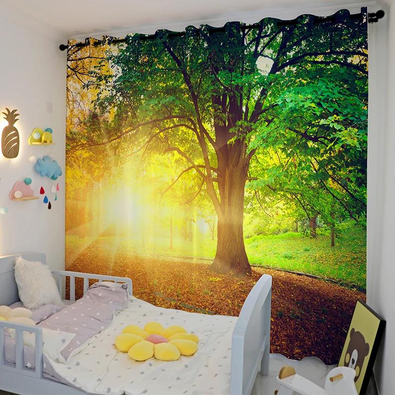 Северный пейзаж Лес Зеленый Желтый лес Отель Спальня Гостиная Кабинет Окно Шторы Ткани Высокое затенение Новый