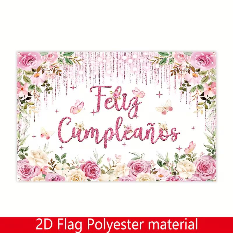 2D Spanish Birthday Wall Decor, Pink Rose Butterfly Feliz Cumpleaños Backdrop