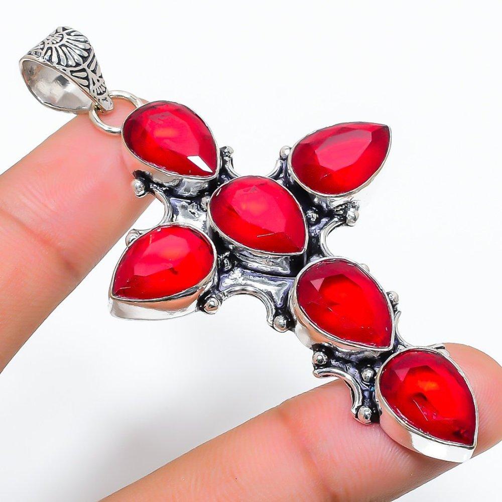 Ruby Natural Gemstone Handmade 925 Sterling Silver Pendant 3.07" L6g28