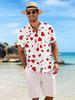 New Men's Casual Short-Sleeve Shirt with White Base and Red Hearts of Various Sizes, Versatile Top for Holiday Parties and Commuting, Machine-Washable