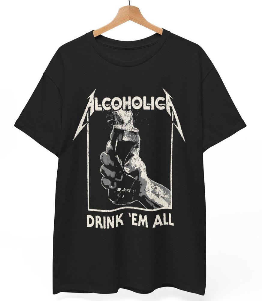 Футболка Alcoholica 'Drink 'Em All': Забавная металлическая футболка-пародия унисекс черно-белая