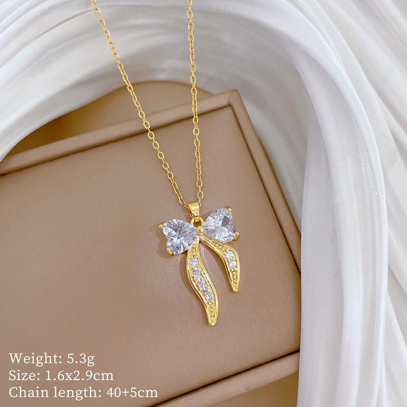 Bow Love Full Diamond Light Luxury Temperament Gorgeous Full Diamond Necklace Female Versatile Collarbone Chain Titanium Steel