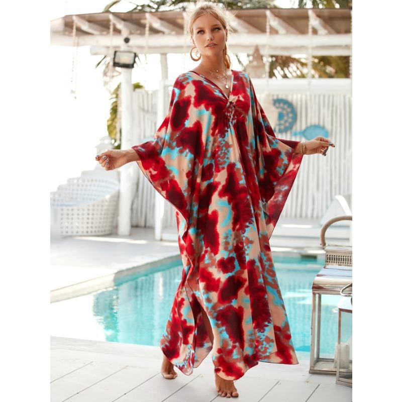 Plus Size Boho Cover Up, Women's Plus Painting Print Bat Sleeve V Neck Split Hem Maxi Cover Up Dress