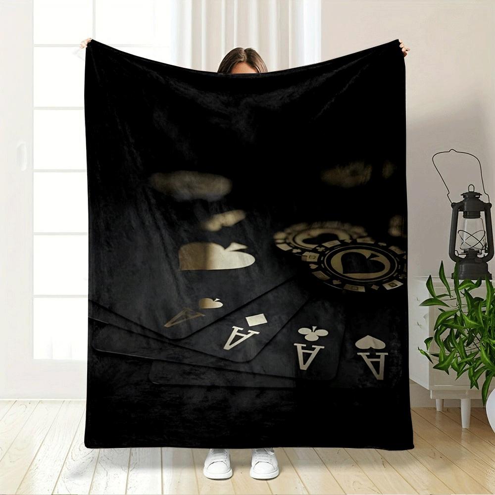 Black and gold playing cards and chips arranged in a neat, elegant layout. for all seasons blanket lunch break throw gift