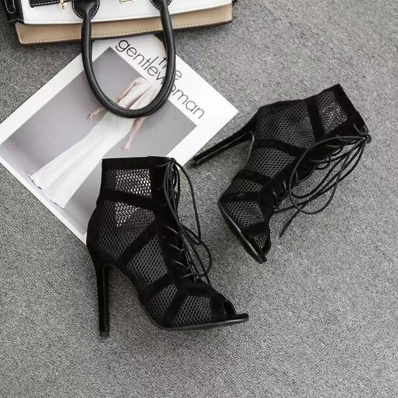Fashion Show Black Net Fabric Cross Strap Sexy High Heel Sandals Woman Shoes Pumps Lace-up Peep Toe Sandals Casual Mesh SIZE44