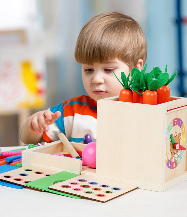 Деревянная игрушка Монтессо 6-в-1, игровой набор, коробка постоянства объекта, игровой набор с коробкой для монет, сбор урожая моркови, сортер по форме, игрушка для сбрасывания шаров