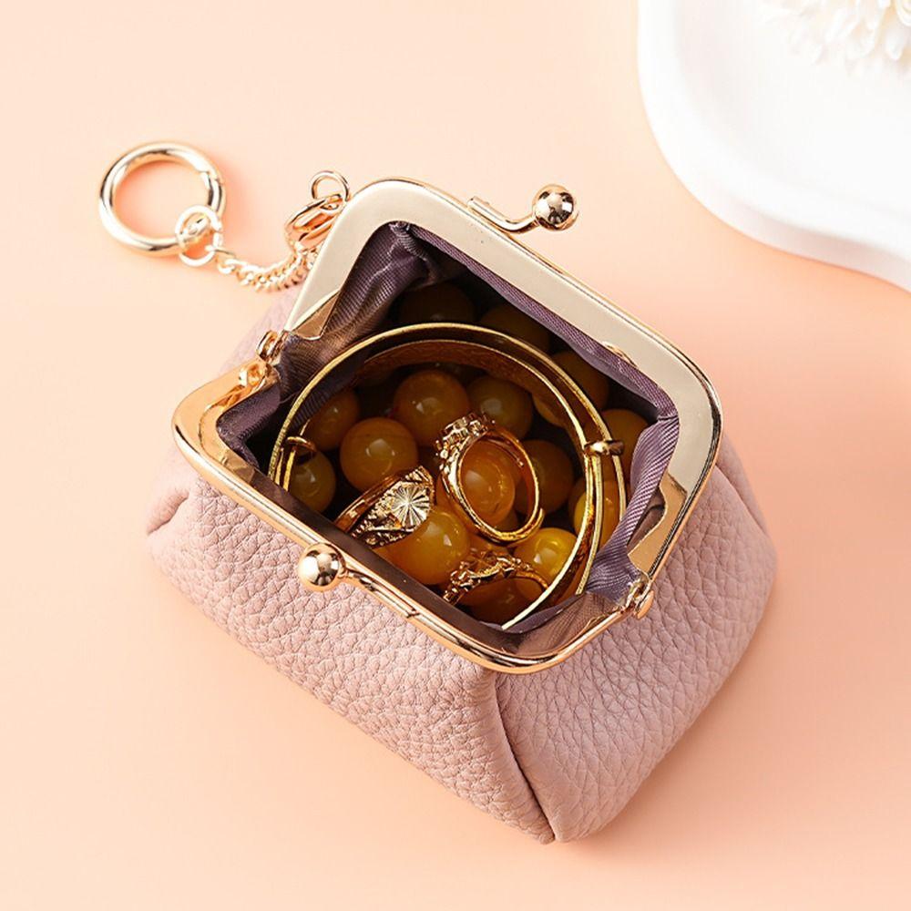 Retro Style Mini Coin Purse Solid Color Change Pouch with Keychain Jewelry Storage