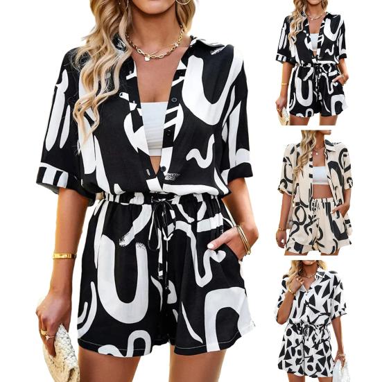 2 шт./компл., женская рубашка, комплект с шортами, соответствующий цвету, с принтом и лацканами, свободные однобортные однобортные шорты с короткими рукавами и эластичной резинкой на талии, повседневный комплект с топом и шортами