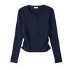 Waist-closed Pleated Chic Bag Button Long-sleeved T-shirt for Women's Temperament Pure Cotton Base Shirt
