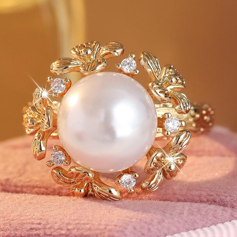 Classic Inlaid Imitation Pearl CZ Women's Ring Vintage Gold Color Hand Carving Flower Daily Wear Party Jewelry Anniversary Gift