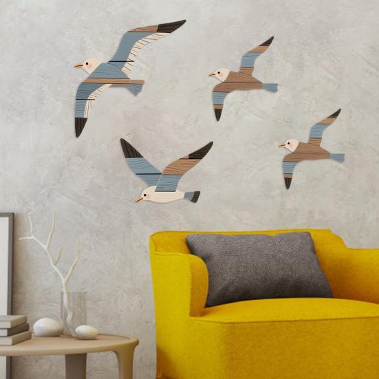 4 шт./набор Чайка Настенное украшение Приморский стиль Настенные акценты Деревенский шарм Ручная работа Птица Настенный подвесной декор