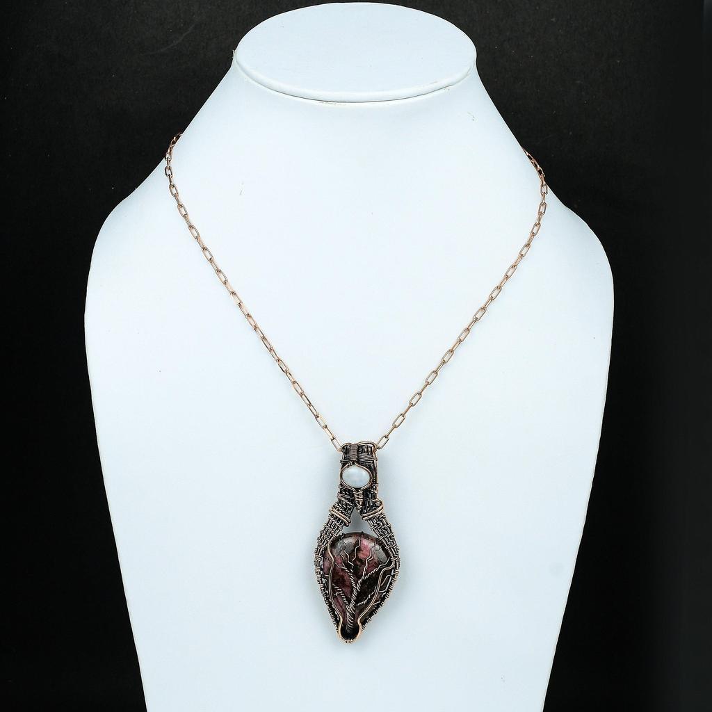 Древо Жизни Подвеска с Драгоценным Камнем Родонит Медная Проволока Обернутая Подвеска Радуга Ювелирные Изделия Лунного Камня Ручной Работы Женские Ювелирные Изделия Родонит Подарок Для Нее