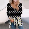 Women Autumn Floral Black Polka Dot Flower Printed Long Sleeve T-Shirts Loose V-Neck Plus Size Tee Shirt Tops Comfy Blouse