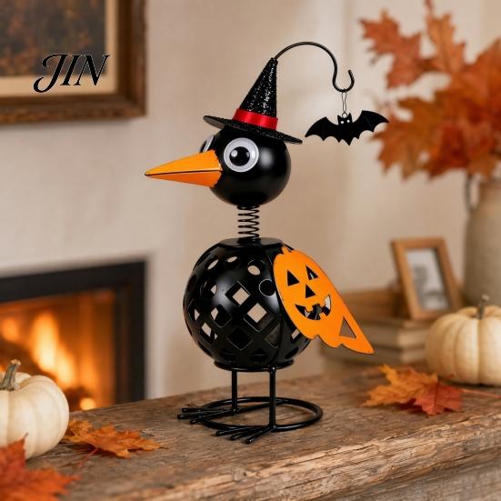 Spooky Halloween Decor Metal Crow Pumpkin Figurine, Wrought Iron Raven Statue with Witch Hat, Scary Ornament LED Candle Holder Lantern for Garden