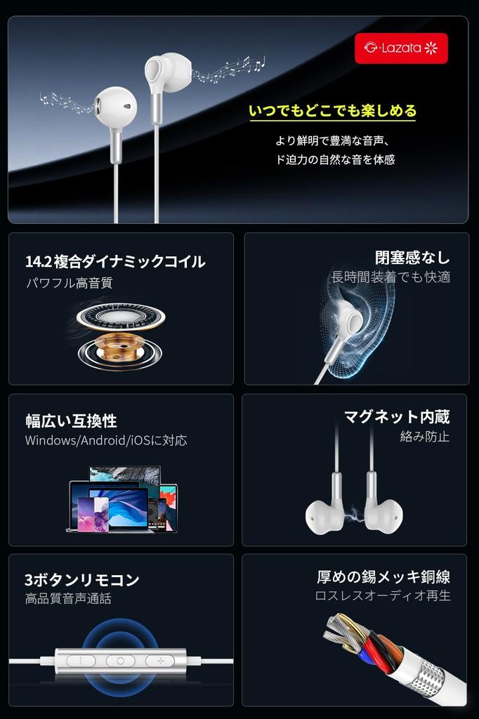Glazata Wired CTIA Standard with Remote Control and MEMS Compatible with Earphone 3.5mm Earphones, 4-Pole Stereo, Microphone, 3.5mm Jack, "White"