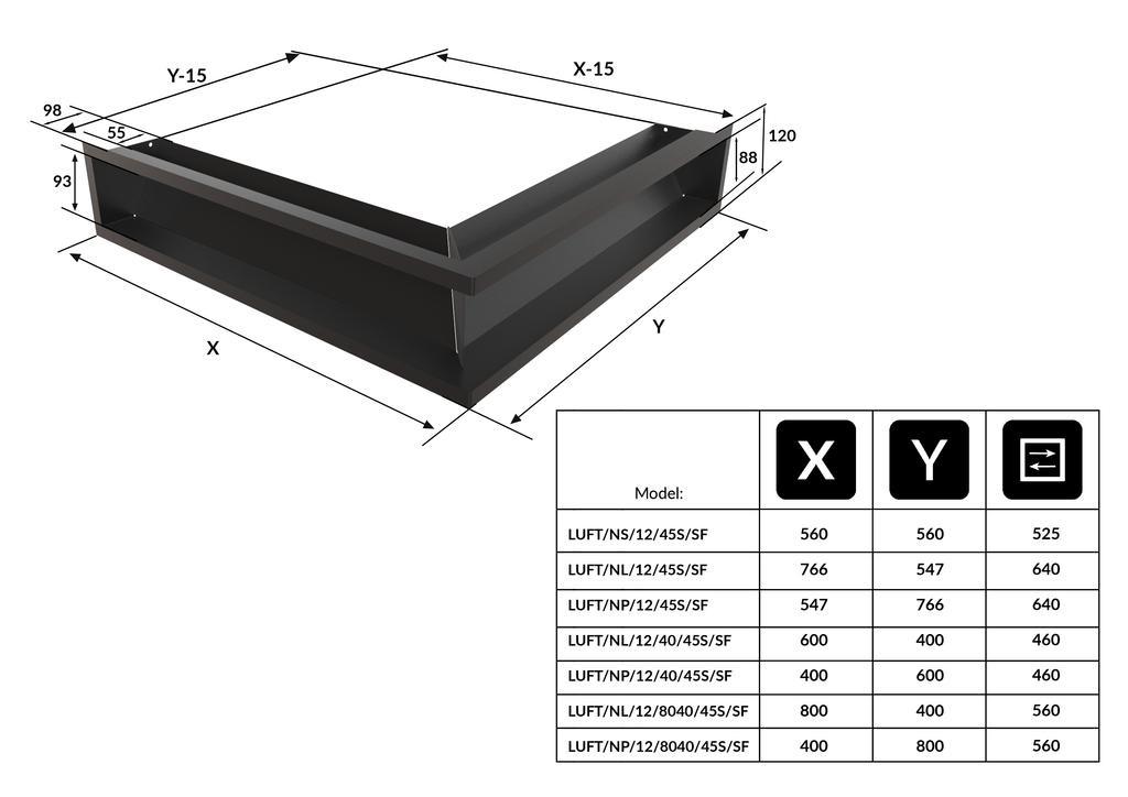 Vent Cover LUFT corner left 76,6x54,7x12 black Slim