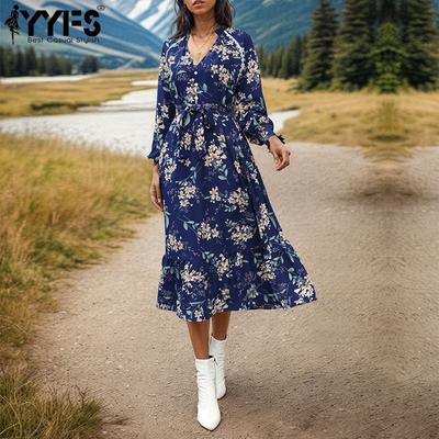 Женская мода весна осень цветочный узор принт с длинным рукавом V-образным вырезом с высокой талией повседневные платья
