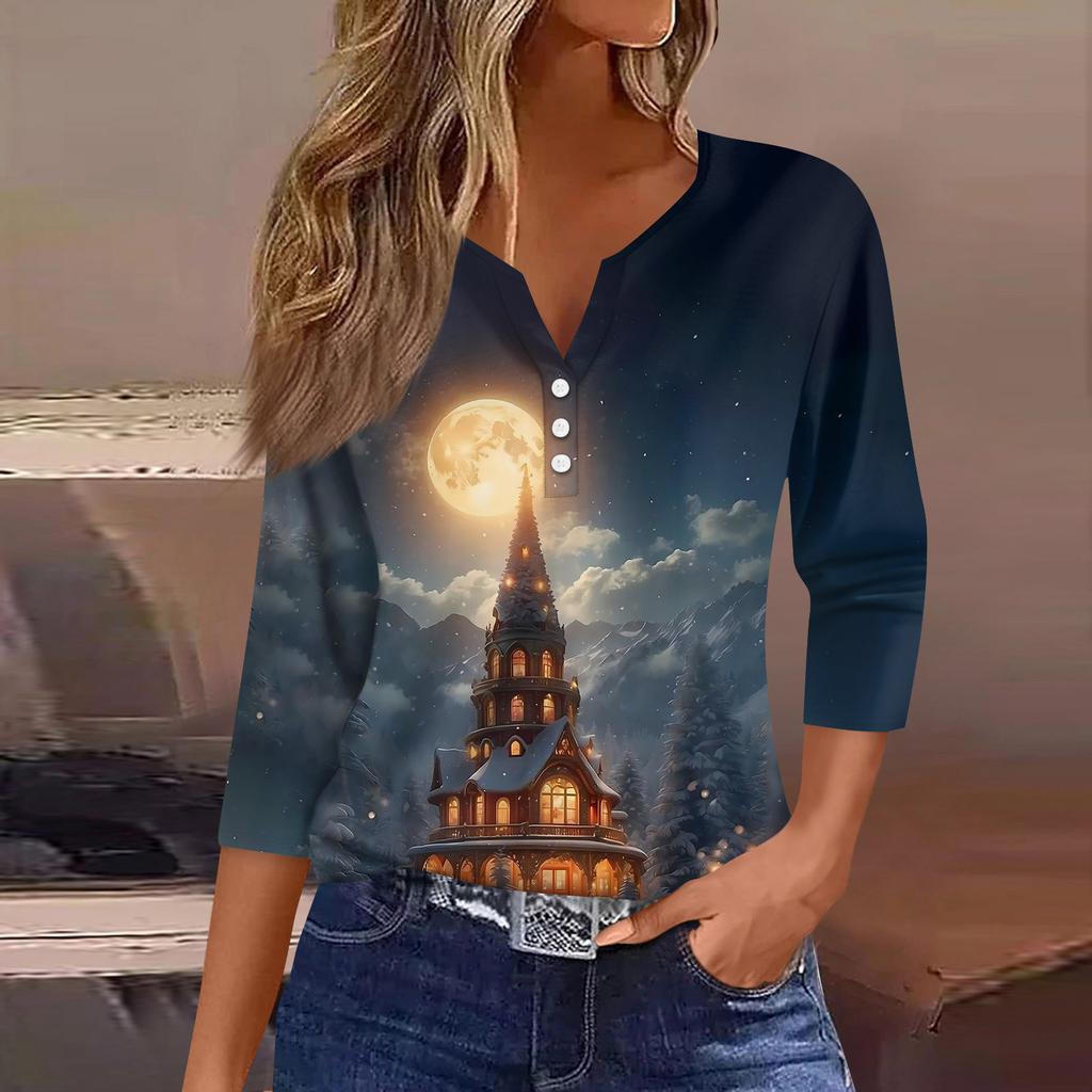 Женская мода повседневная рубашка с рукавом три четверти и рождественским принтом