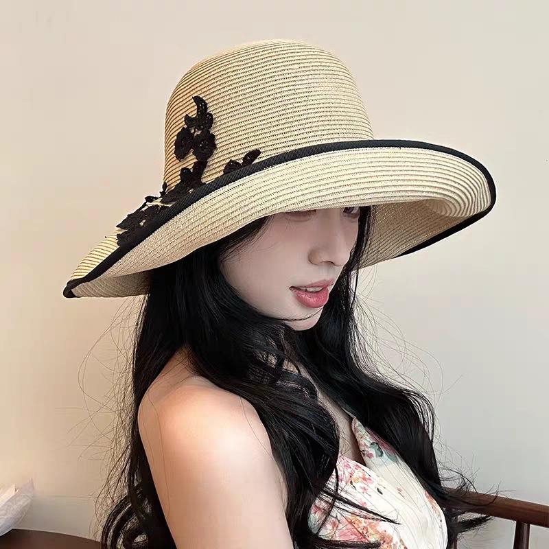 Summer new Internet celebrity straw hat female sunshade sunscreen lace basin hat herringbone knot small fresh bucket hat big eaves