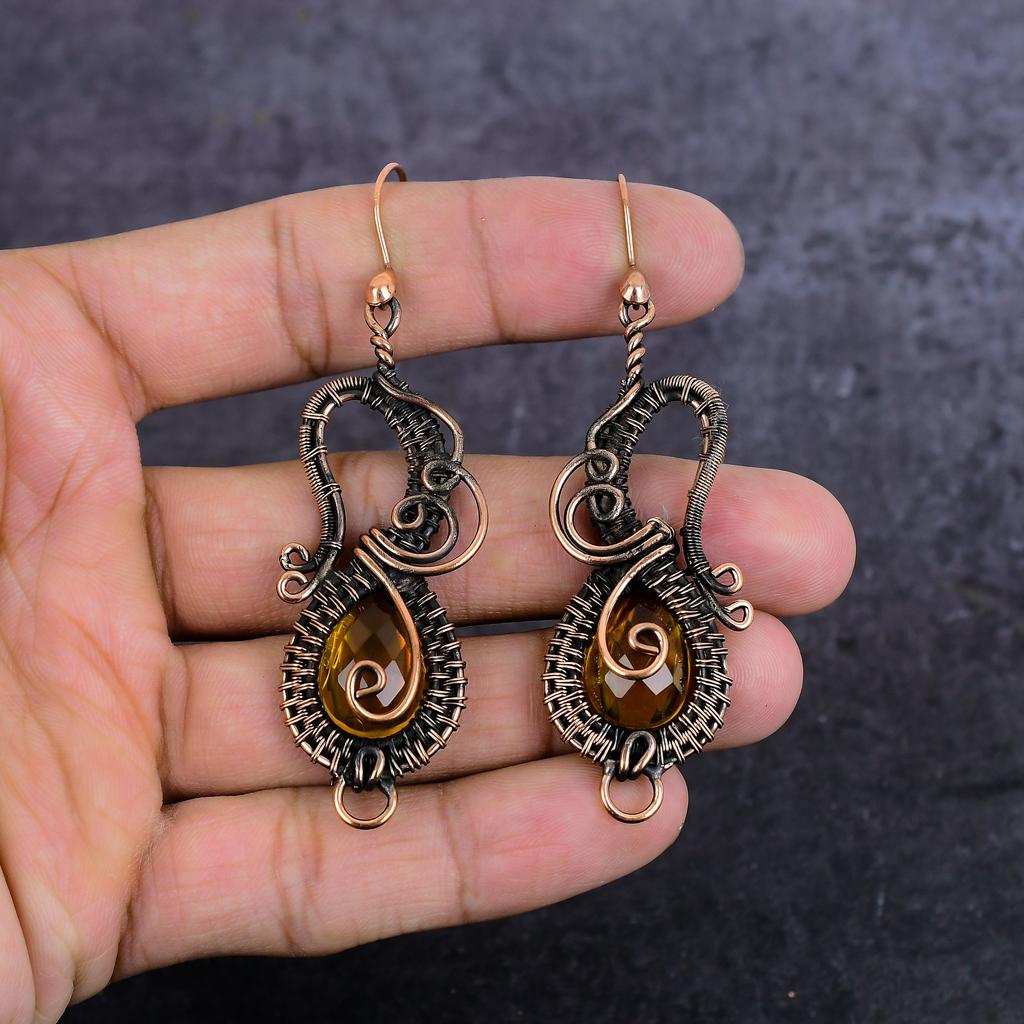 Серьги из натурального цитрина ручной работы из медной проволоки 3,15 дюйма W8b30