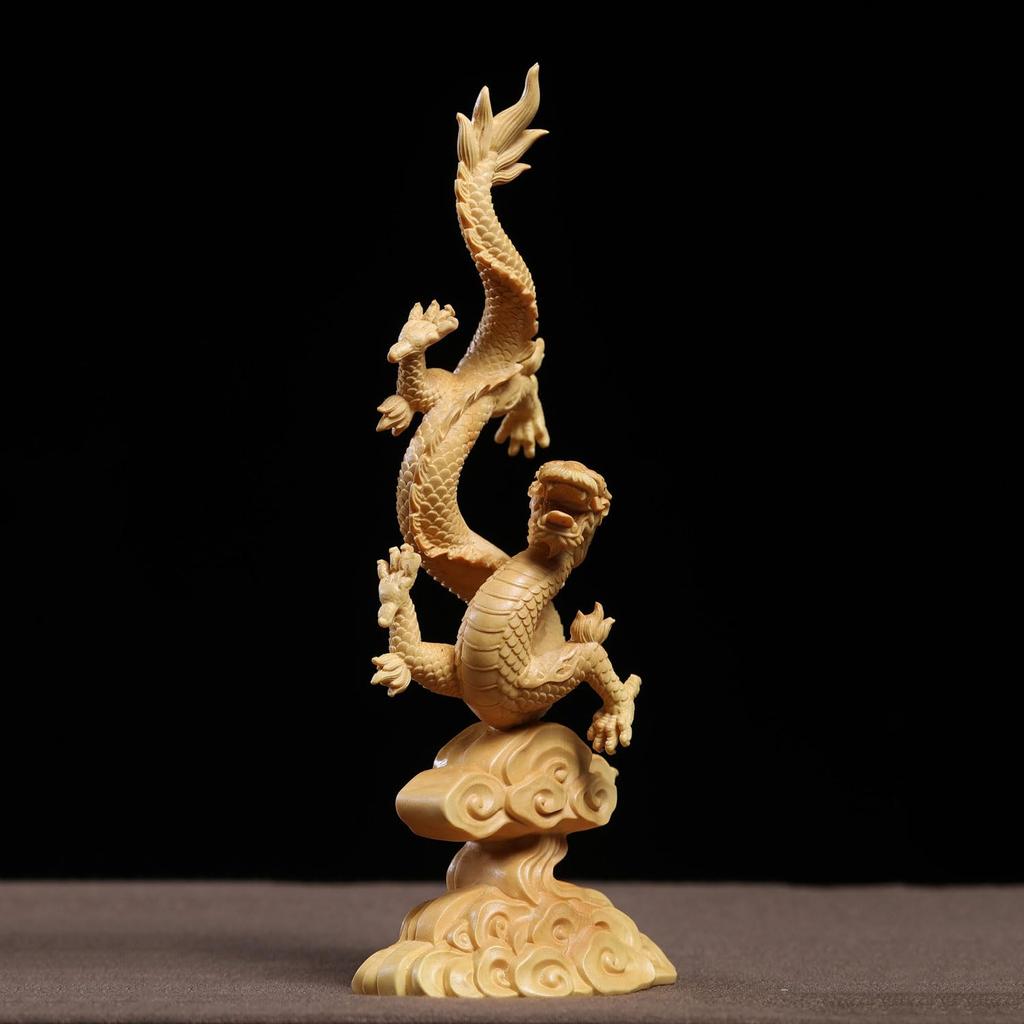 Фигурка Дракона, Резьба по дереву, Фигурка Года Дракона, Атрибутика Бога Дракона, Фигурка, приносящая удачу (20 см Высота x 8,5 см Ширина)