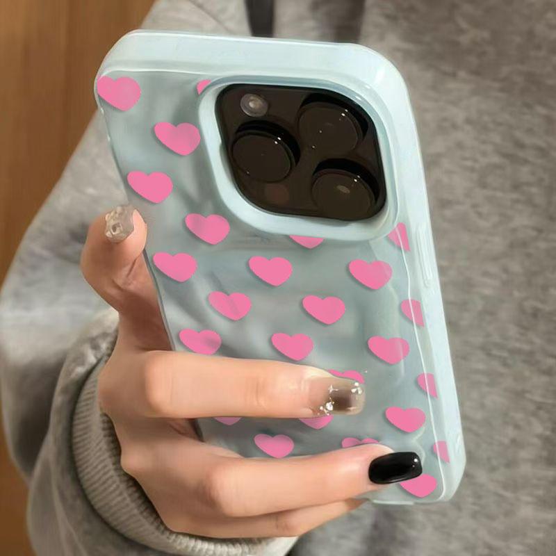 INS Корейский Розовый Сердечный Складчатый Текстурный Чехол Для iPhone 17 16 15 14 13 12 11 Pro Max 16 Plus Конфетный Цвет Ударопрочный Мягкий Задний Чехол