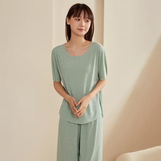 Женский комплект пижамы Ice Silk с короткими рукавами и широкими штанами, комплект летней ультратонкой двухкомпонентной пижамы для дома и сна