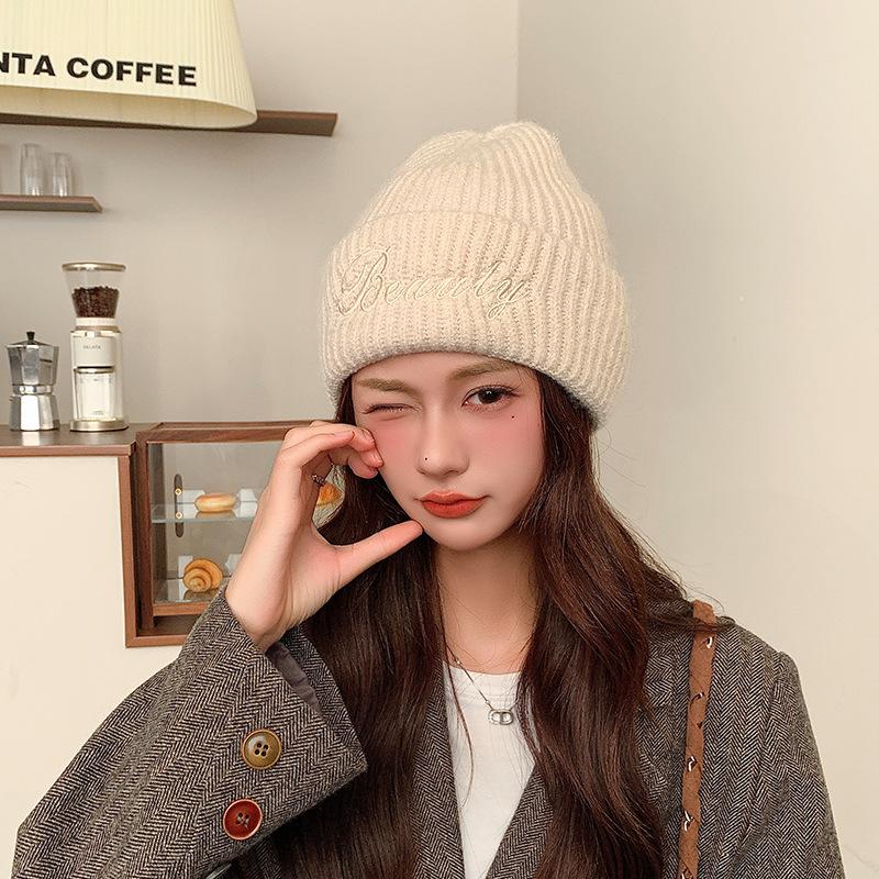 Warm ear protection knitted hat children's winter versatile letter embroidery cold hat big head circumference showing face small wool hat