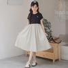 Платье-футболка с короткими рукавами контрастного цвета для девочек - лето 2025 г. Тонкая юбка в корейском стиле