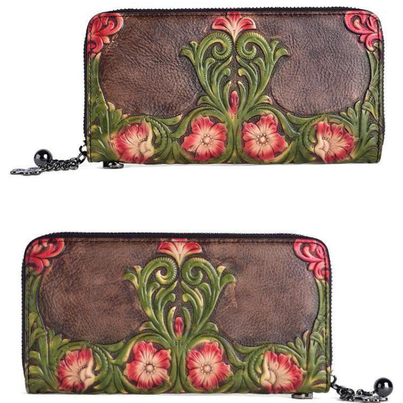 Johnature First Layer Cow Leather Luxury Women Hand Wallet Retro Embossed Large Clutch Wallets Card Holder Phone Purse