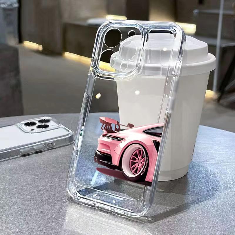 Phone Case For iPhone 17 16 15 14 Plus Pro Max 12 11 13 X XS XR Plus 16E 17Air Trendy Pink Luxury Car Transoparent Soft Cover