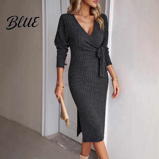 Stretchy Dress Women Spring Fall Cross V Neck Lace-up Slim Fit Sheath Long Sleeves Sleeve Midi Knee Length Knitted Elastic Shopping Dating Auutmn