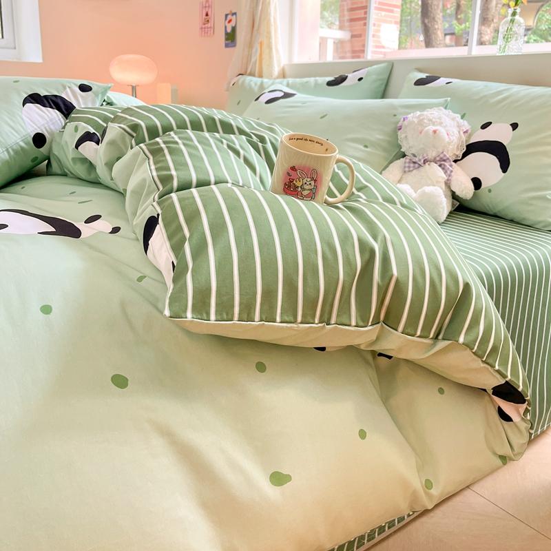 Cute Animal Panda Duvet Cover 3pcs Cotton Cartoon Black White Chinese Panda Bedding Set Soft Reversible Stripe Comforter Cover