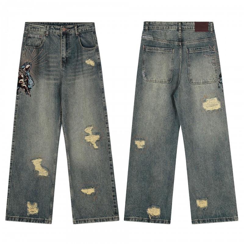 2026 Streetwear DRET Vintage Embroidered Cherry Blossom Straight Leg Jeans Teens Men Women