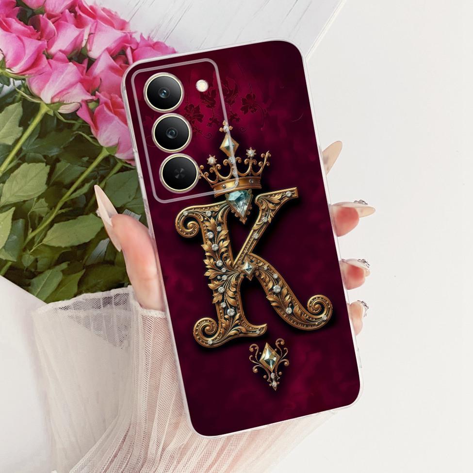 Чехол для Realme 14x 5G Индия Чехол RMX3940 Прозрачный Роскошная Корона Буквы А-Я 2D Плоский Узор Мягкий Чехол для Телефона