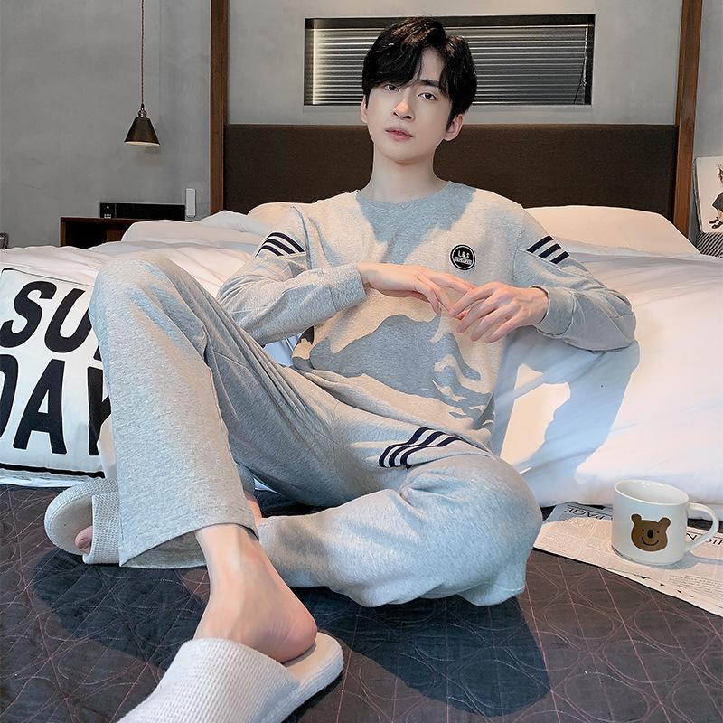Весенне-осенняя мужская пижама, хлопковый домашний костюм для подростков, простая свободная пижама большого размера, домашний костюм