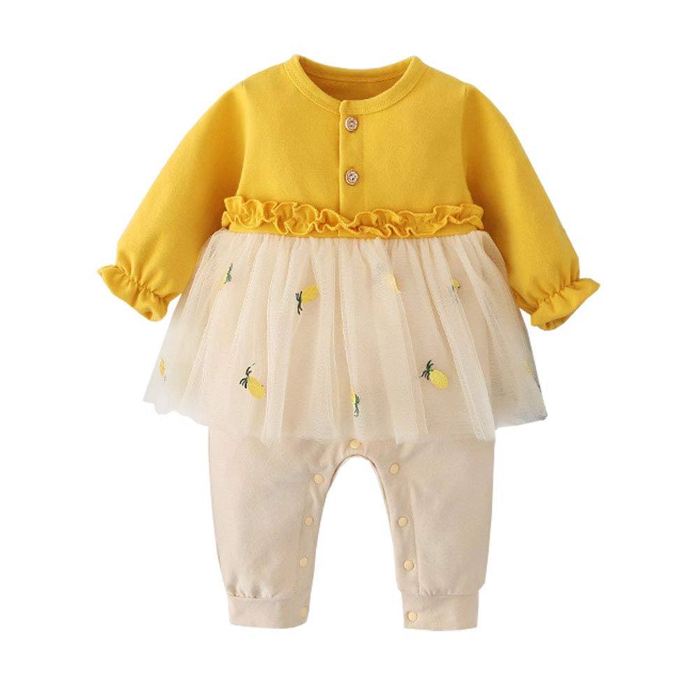 Baby Clothes Romper Tulle Long Sleeve Spring Autumn Front Opening Coverall Cotton Girls Gift Pineapple Pattern Yellow 24M
