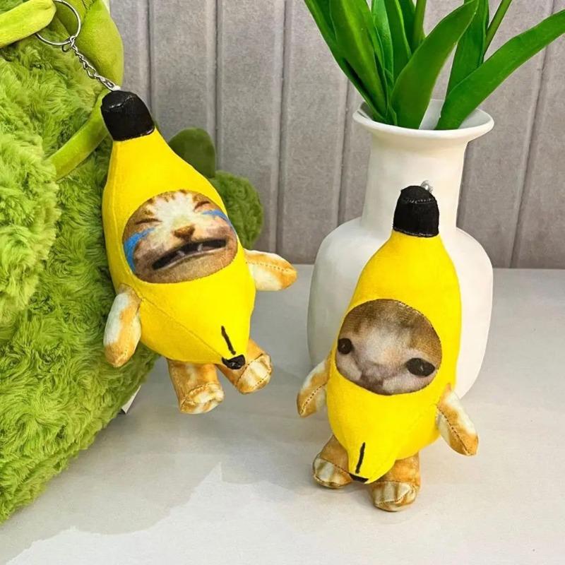 Cute Happy Crying Banana Cat Plushie Pendant Keychain Cat Plush Toy Funny Car Bag Key Chain Keyring Accessories Kids Gifts