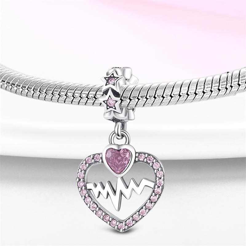 925 стерлингового серебра розового циркония бусины сердцебиение шармы подходят 925 оригинальные браслеты DIY ювелирные украшения подарки на день святого валентина