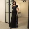 One-shoulder Mesh Ribbon Dress Dress Temperament Slim Black Long Dress Woman