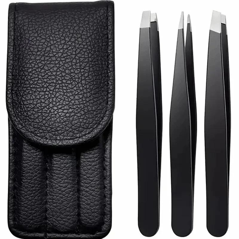 CNK Wholesale Stainless Steel Black Eyebrow Tweezer with Slant and Flat Point Beauty Tools for Eyebrows & Ingrown Hair Removal