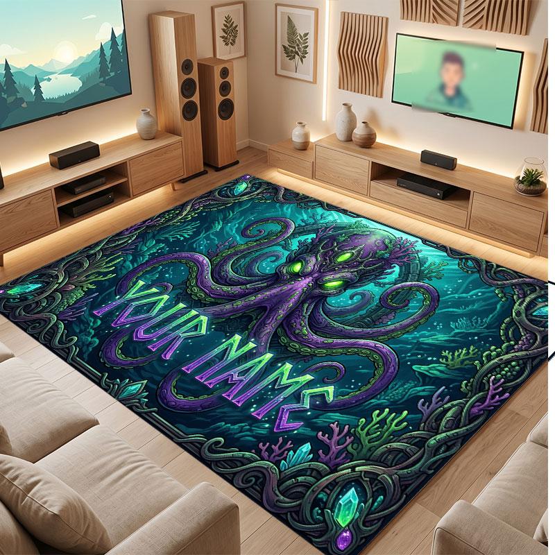 Octopus Sea Life Theme Crystal Velvet Floor Rug Personalized Custom Name Text Warm Carpet Home Decoration