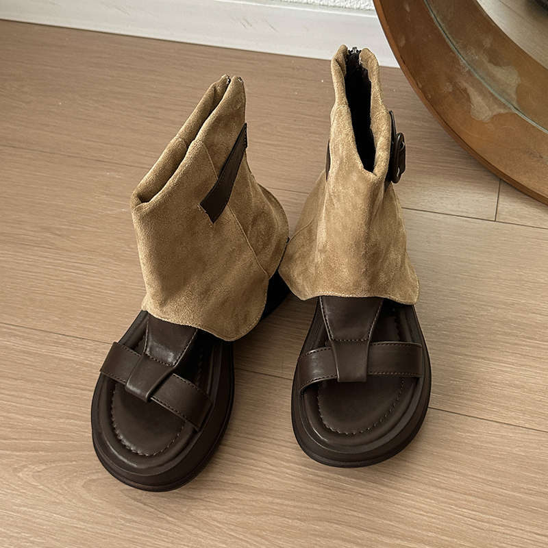 Ботинки женские летние новые крутые ботинки женские с открытым носком ботинки-чулки на толстой подошве увеличивающие рост западные ковбойские короткие ботинки ботинки-брюки