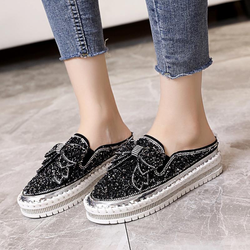 Fashion Baotou Slippers Women's New Autumn Round Head Sequin Deep Mouth Thick Sole Slip-on Lazy Shoes