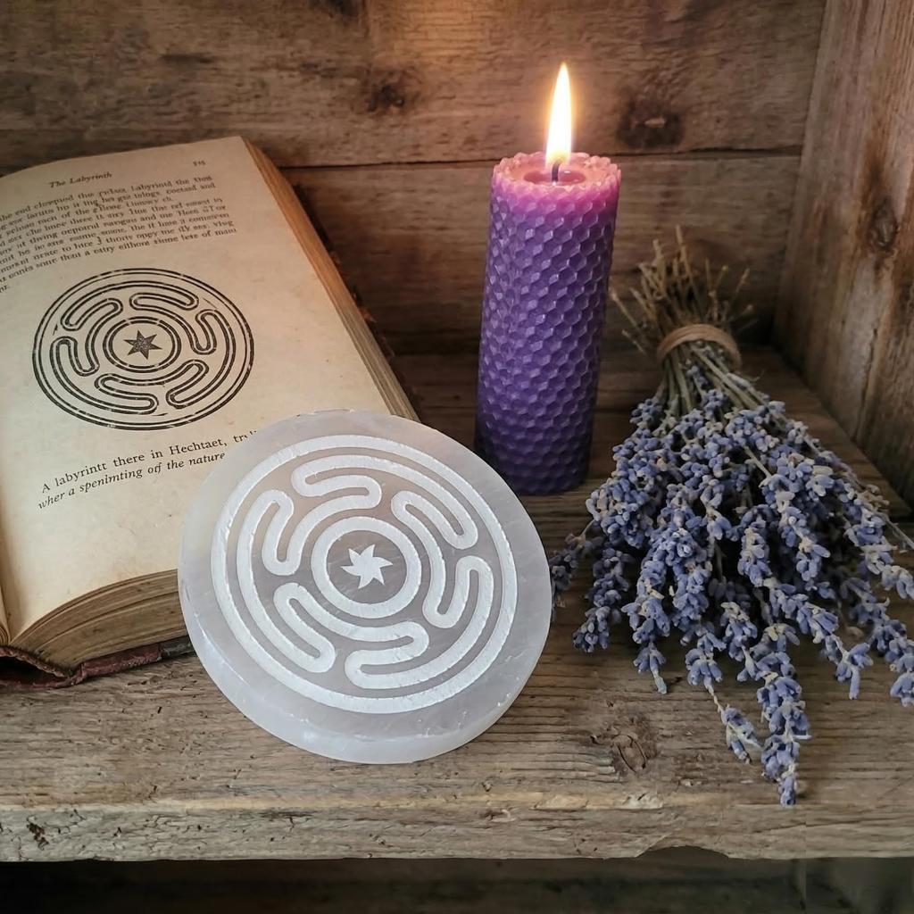 Golden Quartz Selenite Stone Round Plate Engraved Hecate’s Wheel | White Crystal Charging Tray for Witches Altar, Strophalos Goddess Hecate, Medi